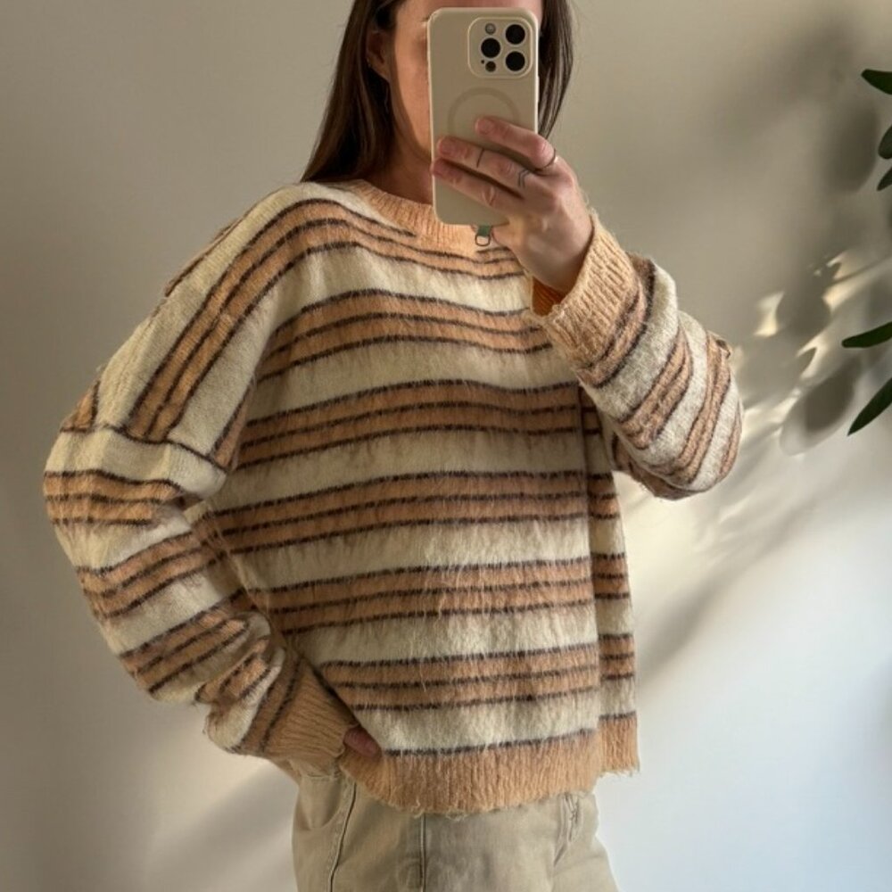 Striped Crewneck Sweater in Cream & Tan - Picture 2 of 4